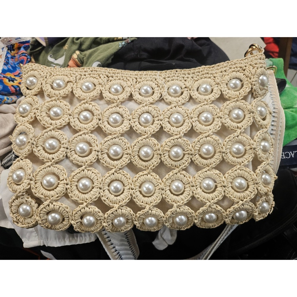 Sharif 1827 Woven Straw Faux Pearl Crossbody Bag with Bear Charm Tan White